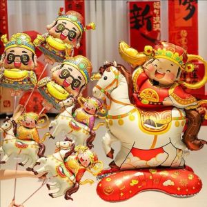 YESPERY 2026 Horse Year Foil Balloons Happy New Year Party Decoration Photo Props Chinese New Year Cartoon God of Wealth Balloon Decor