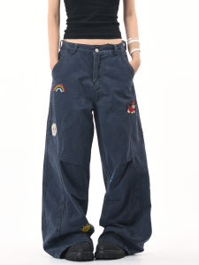 OV Original American Retro Towel Embroidered Washed Work Trousers Loose Straight Legged Casual Long Pants for Men And Women