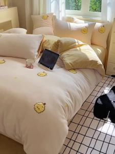 Cartoon Embroidery Winter Flannel Bedding Set Plush Milk Velvet Coral Fleece