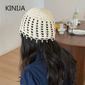 Korean Retro Pearl Tassel Hollow Beanies Cpa for Women Summer Travel Breathable Versatile Fairy Style Pullover Hats Accessories