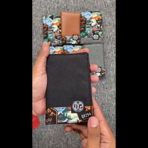 QXZ94 Dompet Pria Kulit Kanvas Print Motif Ukuran Tanggung 3/4 Lipat Kartu Polos Simpel Slim Hitam