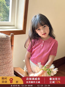 Girls Korean Style Short Sleeve Polo Shirt Knitted Twist Flower Summer Sweet Childrens Clothing Soft Fabric Breathable Kids Top
