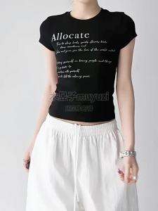 MUYUZI | Sleek Letter Print Round Neck Short Sleeve Stylish Versatile Slimming T-shirt