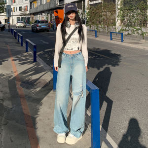 High Waist Wide Leg Jeans Womens Summer Loose Slimming Fake Ripped Drapey Light Blue Straight Cut Jeans Casual Cotton Denim