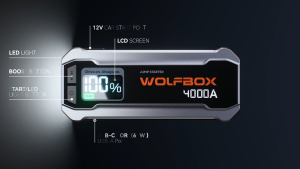 WOLFBOX 4000A 12V Car Jump Starter – 24000mAh Battery Pack for 10L Gas & Diesel Engines 65W Quick Charger LED Display Booster LED Light Portable Jumper Cables Included