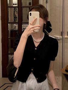 White Ice Silk Short Sleeve Knitted Cardigan Womens Summer Gentle V-neck Shoulder Puff Sleeves Waist Trimming Short Tops