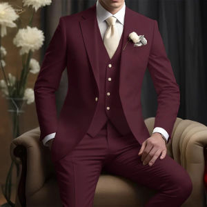 Solid Mens 3-Piece Elegant Notch Lapel Tuxedo Set Formal Blazer Vest Pants for Wedding Business Party Prom Male Dinner Clothing