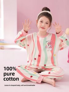 Miiow | Cat Girl Childrens Sleepwear Thin Autumn Set Cute Cartoon Home Wear Outdoor Wearable Long Sleeve Round Neck Cotton Home Suit