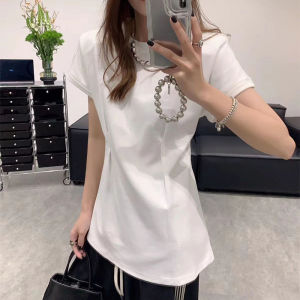 White Short-Sleeved Pure Cotton T-shirt for Women Summer Fancy Pure Color Cotton Mid Length Long Length Cover Cinched Slimming Pullover Women