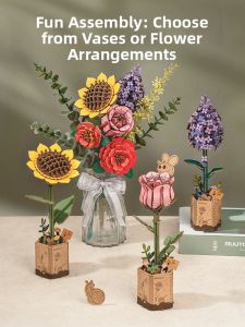 ROKR DIY Handmade Wooden Puzzle 3D Assembly Toy Flower Sunflower Rose for Girls Educational Brain Teaser Wooden Blocks Kit