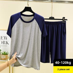 Men Modal Raglan Pajamas Pajama Pants Suit Summer plus Size Loose and Thin Casual Outerwear Homewear Two-piece Set