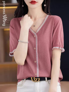 WANGGONGZHU | Ice Silk V-neck Short Sleeve T-shirt Womens Summer New Style Lace Knitted Top Belly Concealing Splicing Elegance Top