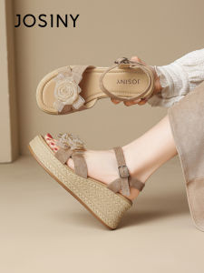 Josiny | Camellia Decor Platform Wedge Sandals High Heel Buckle Roman Summer