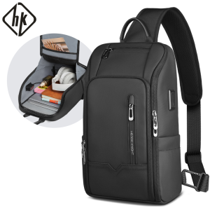 HK Anti-theft Mens Shoulder Bag Waterproof Chest Crossbody Bag with USB Oxford Leisure Satchel Multi-Pockets Sling Bag for Male