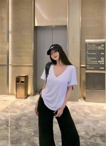 Áo Thun Cotton Dáng Rộng Cổ Chữ V Tay Ngắn Màu Trơn Mùa Hè Cho Nữ Chất Liệu Cotton Thoải Mái Phong Cách Công Sở