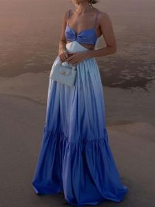 Street Style Gradient Hollow out Sleeveless Camisole Long Dress V-Neck Gown Polyester Fabric Summer Season A-Line Skirt