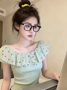 SHUQINGLAI | Off Shoulder Ruffled Knit Top T-Shirt Summer Slim Fit
