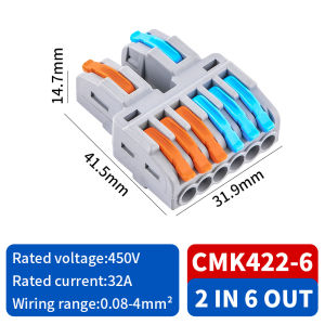 JinH | Blue/Orange Housing 50Pcs CMK422 Multi-Outlet Lever Joiner 2 Input to 4/6/8 Output Compact Splice Block for Household Cables