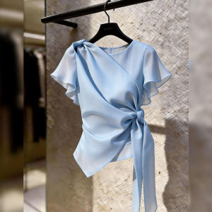 Flattering Tie-waist Blue Bell-sleeve Top for Women