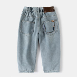 Boys Jeans Pants Korean Style Mid Waist Straight Leg Lettering Solid Color