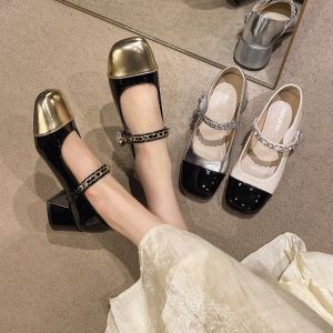 Spring 2024 New Womens Pearl Buckle High Heels Mary Jane Flat Shoes Small Fragrance Style Medium Heel round Head Rubber Sole