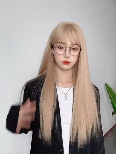 Wig Cute Air Bangs Long Straight Hair Natural Simulation Full Head Cover for Women Set Cos Fluffy Wigs