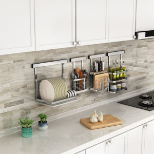 ชั้นวางของครัวแบบติดผนังไม่ต้องเจาะ สแตนเลส ชั้นวางจาน บล็อกผัก กระป๋องเครื่องปรุงรส ชั้นวางของ ตะขอ รีด ครัว