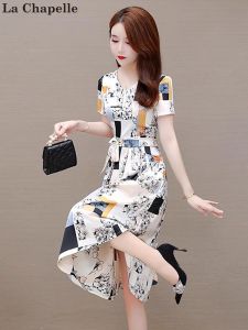 La Chapelle Summer New Style Womens Dress Elegantly Simple Skirt V-neck Short Sleeve High Waist A-line Midi Dress Fashionable