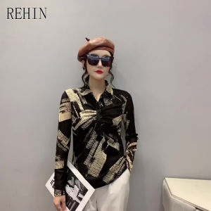 REHIN Womens top new fashion print mesh long-sleeved shirt lapel collar with button pleat design elegant blouse