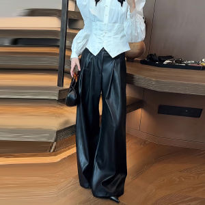 High Waist Straight Leg Casual Pants Womens Loose Slimming Floor-Length Fashionable PU Leather Pants Autumn New Style
