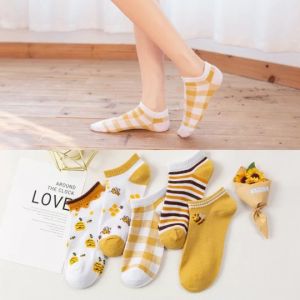 Kaos Kaki Motif Bunga Lebah Bee Kuning Fashion Korea Women Sock Import KK689