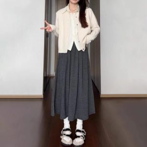 plus Size Grey Glutinous Mid-Length A-Line Skirt High Waist Womens Spring Autumn New Style Slimming Umbrella Skirt