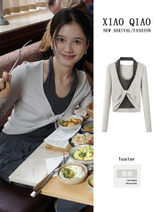 Jingyi Womens Short Knitted Long Sleeve Neck Hanging T-Shirt Korean Style Slim Fit Commute Style Spicy Girl Fashion Top