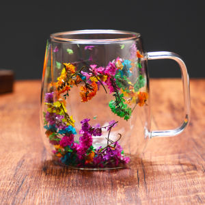 Dried Flower Coffee Glass Cup 390ml Double Wall Glass Mugs Beverage Glasses Tea Mug Cups For Milk Juice Birthday Gifts