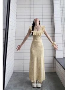 Elegant French Style Yellow Floral Print Summer Dress Womens Sleeveless Long Skirt U-Neck A-Line Gown Floral Skirt Dress