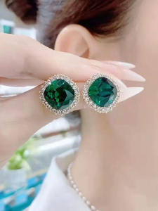 Green Crystal Zircon Earrings Fashionable High-End Diamond Embedded Shiny Elegant Versatile Ear Jewelry for Women
