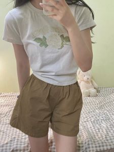 กางเกงขาสั้นทรงเอลายคอตตอนสีกรมท่าสำหรับผู้หญิงในช่วงฤดูร้อน กางเกงขายาวทรงสามส่วนเอวสูง กางเกงขาสั้นลำลองสำหรับใส่ไปทำงาน