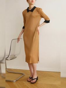 Đầm thun lò xo cao cấp tay lỡ Váy cổ polo thanh lịch suông đẹp dáng freesize co giãn nhiều