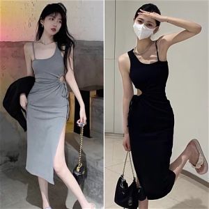 Đầm body dây rút khoét eo hình tròn V12 thiết kế dây quai mảnh lệch một bên vai phong cách Hàn Quốc