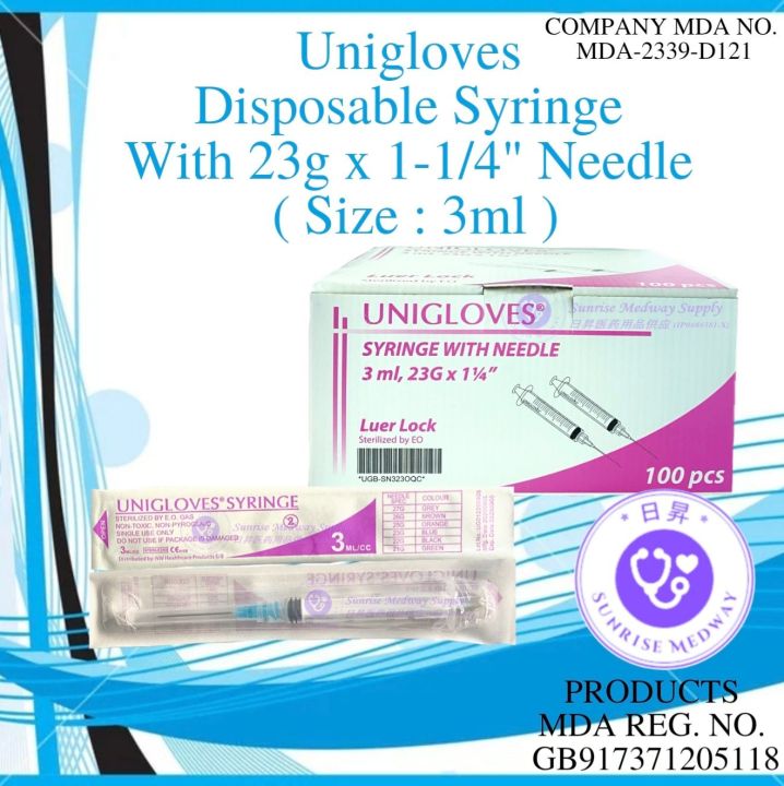 Unigloves Disposable 3ml Syringe With 23g x 11/4" Needle, 100 pcs/box