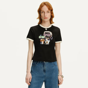 Karl Lagerfeld Cotton Short Sleeve T-Shirt Womens New Summer Black round Neck Short Top Fashionable Casual Slim Fit T-Shirt
