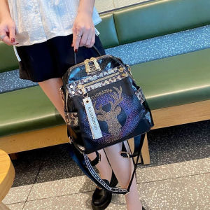 Trendy Deer Rhinestone Backpack Womens Casual Travel Bag Fashionable All-Match High-End Feeling Soft Leather Shoulder Bag