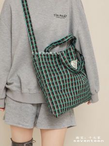 Retro Green Plaid Canvas Tote Bag Womens Spring 2025 Multi-use Single Shoulder Slant Cross Hand-held Shopping Bag