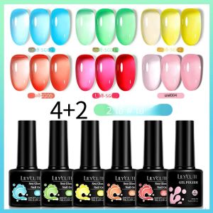Lilycute ชุดยาทาเล็บเจลแก้วเจลลี่6ชิ้น7มล. น้ำยาเคลือบเงาสีฟ้าน้ำทะเลเคลือบเงากึ่งโปร่งใสเคลือบเงาเจล UV แบบกึ่งถาวร