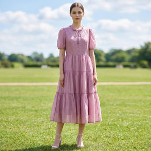 Embroidery Button-Ear Detail Solid Lady Style Dress