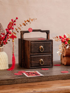 Retro Chinese Style Desktop Decoration Storage Box Wooden Old Fashioned Drawer Handheld Basket Cosmetic Jewelry Organizer