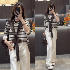 Áo Len Dệt Kim Kẻ Sọc Thời Trang Thường Ngày Cho Nữ Mùa Thu 2024 Áo Len Cổ Tròn Dài Tay Dáng Rộng Có Vai Áo Choàng Giảm Béo