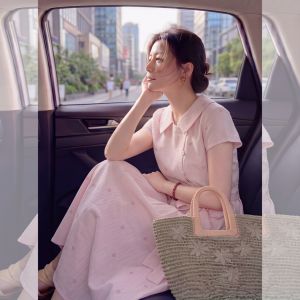 PAIBOLI | Stylish Pink Turn-down Collar Waist-receiving Bow Mid-length Womens Dress