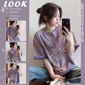 Purple American Retro Print Distressed Shoulder Short-Sleeved T-shirt Womens Dopamine Wear Loose Heavy Weight 100% Cotton Coat