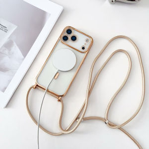 New Plating Soft TPU Lanyard For Magsafe Magnetic Wireless Charging Transparent Phone Case For iPhone 17 Pro Max Air Back Cover